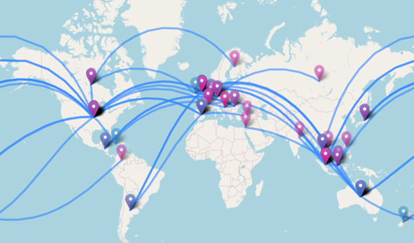 A screen capture of a digital world map with lines between locations across the world